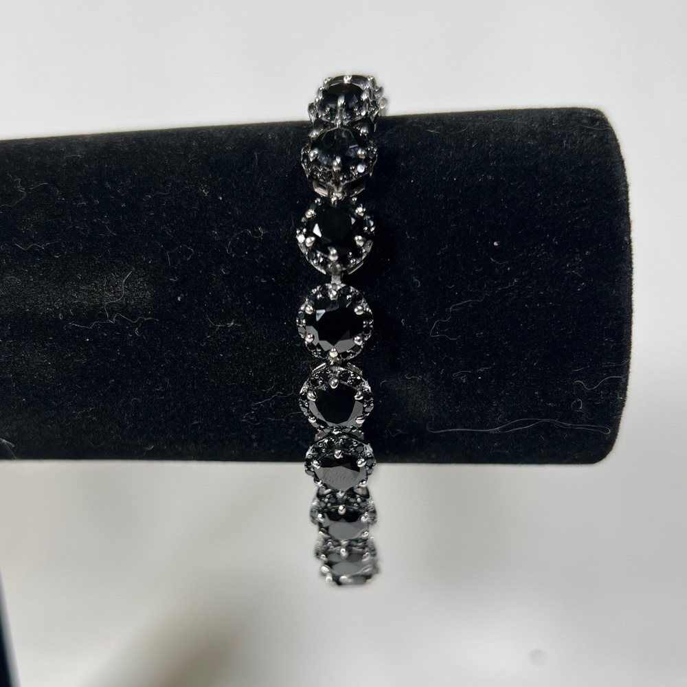 Black Spinel Tennis Bracelet 8" Box Clasp Silver over stainless